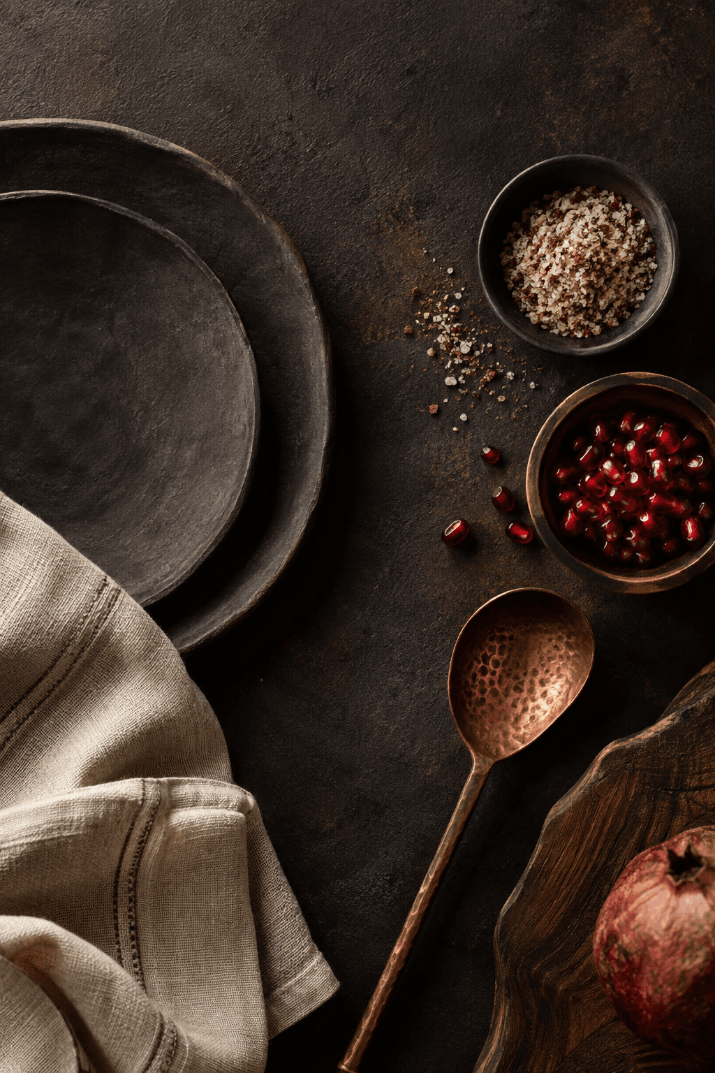 Georgian tableware, linen, walnuts, and pomegranates