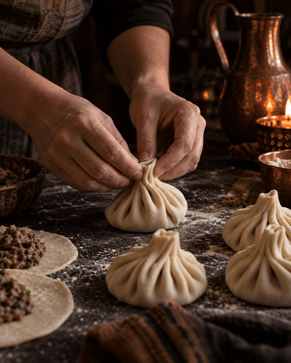 Hands shaping traditional khinkali