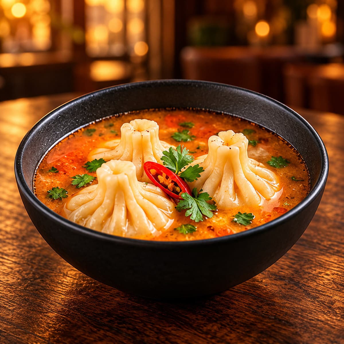 Shrimp Khinkali in Tom Yum Sauce