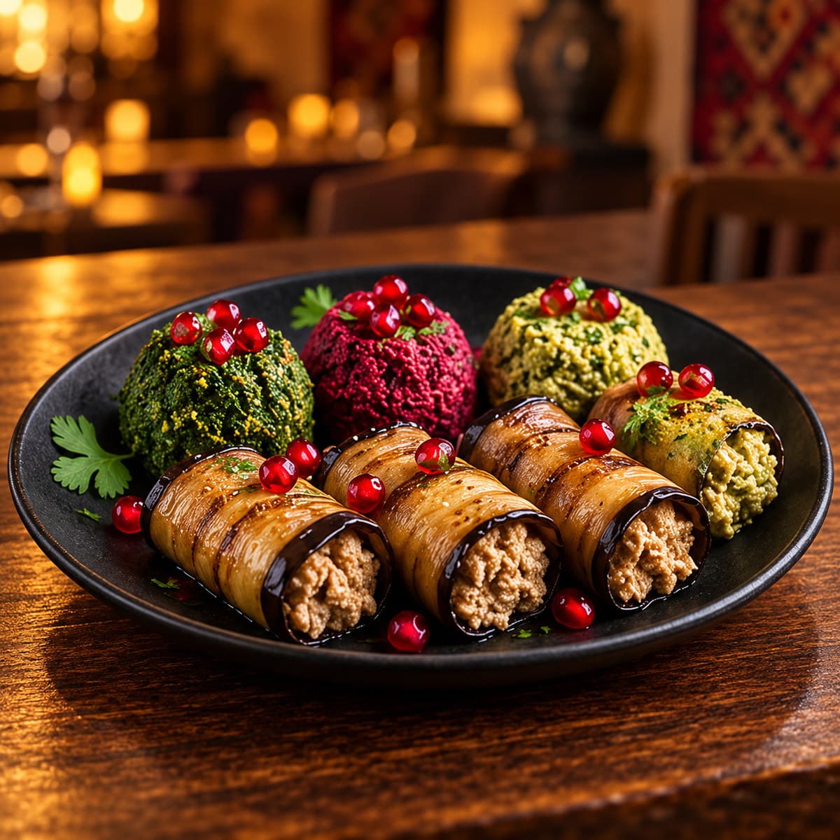 Pkhali Assortment with Fried Eggplant Rolls