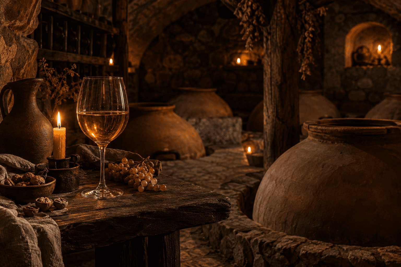 Traditional qvevri and amber wine in a candlelit cellar